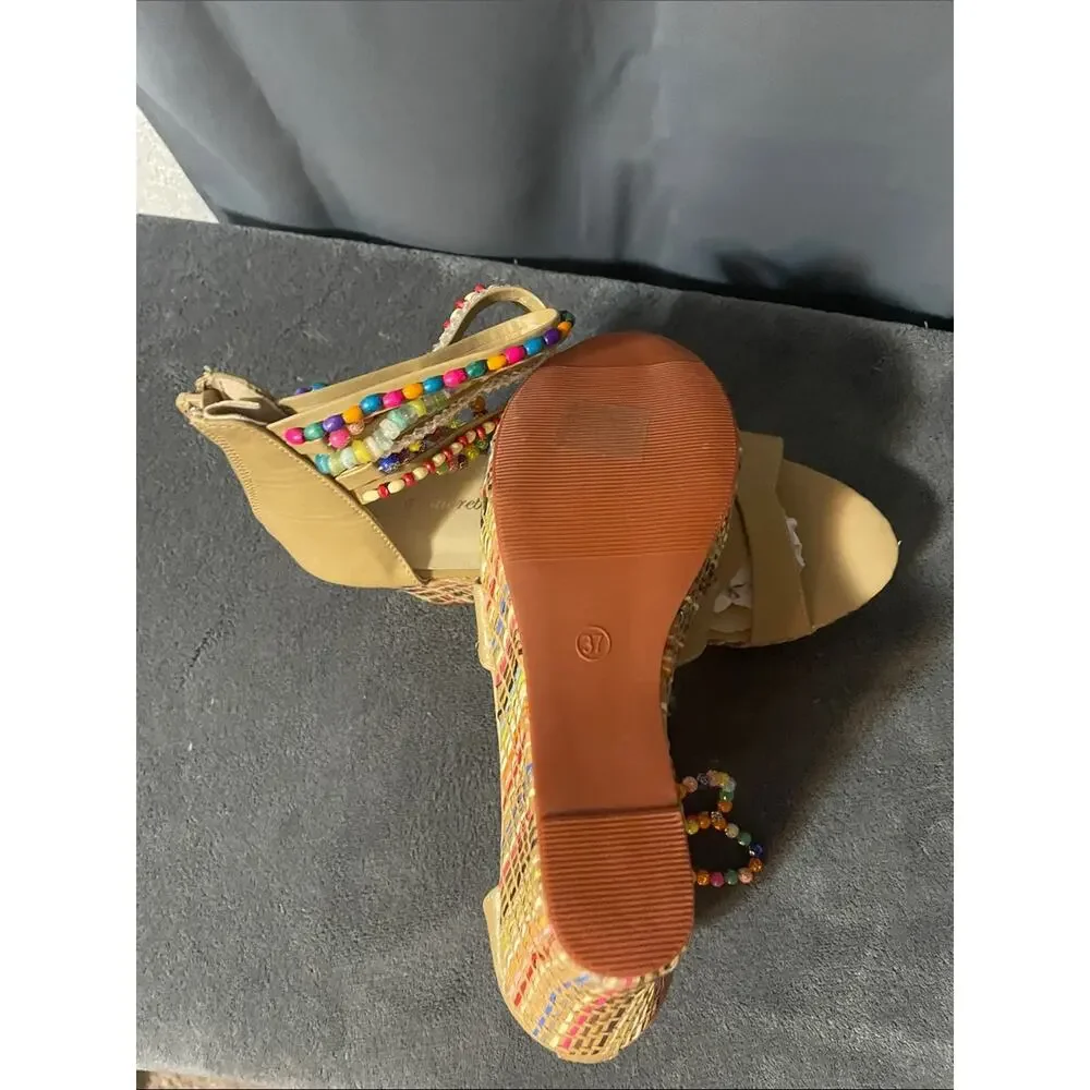 Tan Beaded Ankle-Wrap Wedge Sandals